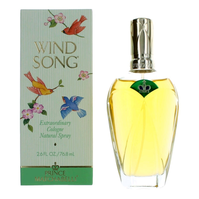 Wind Song by Prince Matchabelli women's cologne spray, 2.6oz, elegant glass bottle with floral design, showcasing the fragrance.