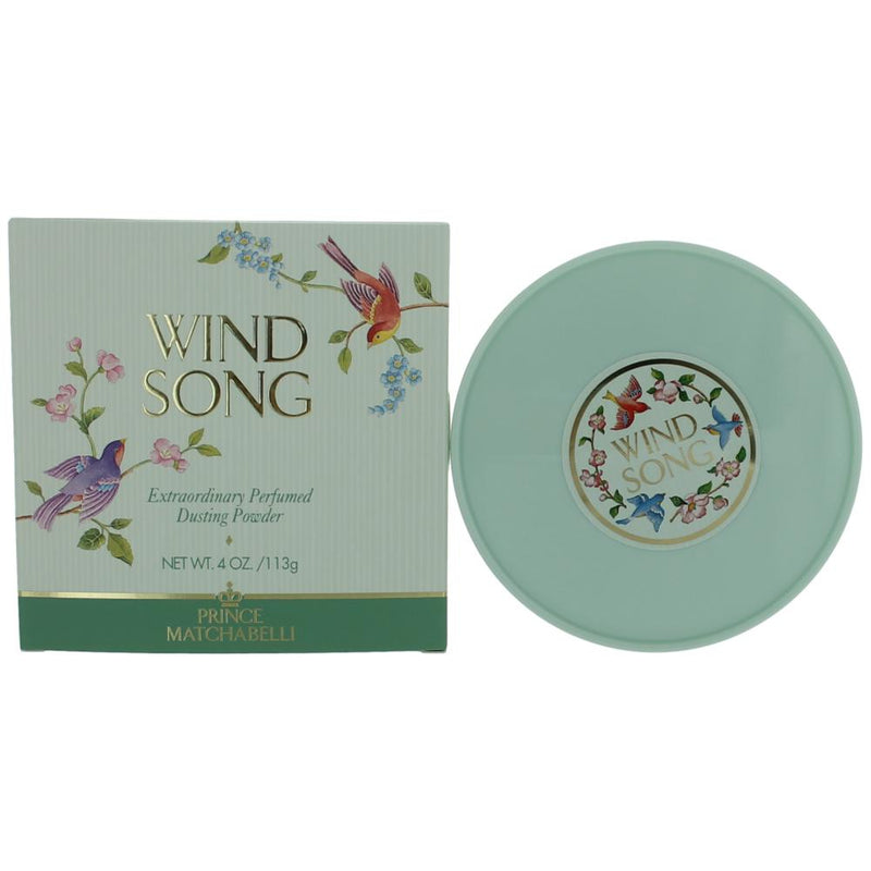 Prince Matchabelli Wind Song women’s 4oz perfumed dusting powder in a decorative container with floral accents.