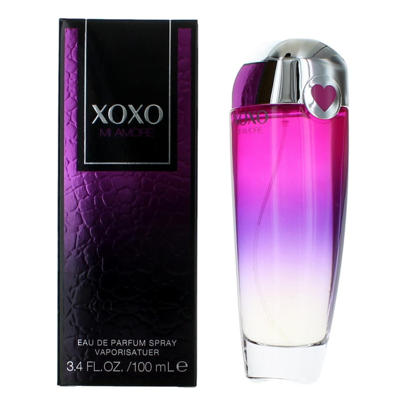 XOXO Mi Amore women's 3.4 oz EDP spray by Victory Intl, elegant perfume bottle with floral design and silver accents