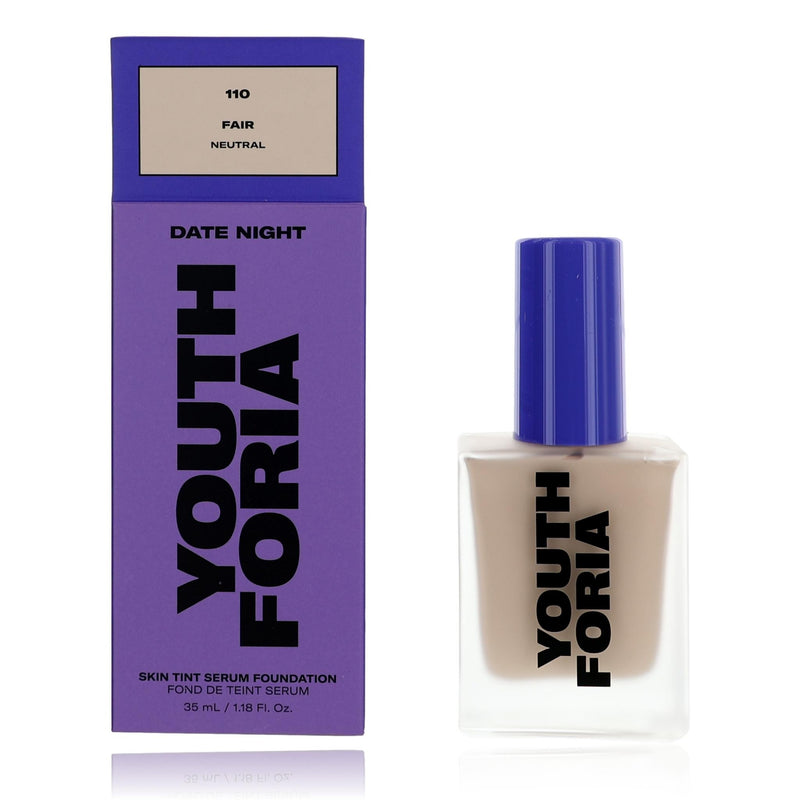 Youthforia Date Night skin tint serum foundation in shade 110 Fair, physical formula, 1.18 oz bottle, smooth and lightweight.