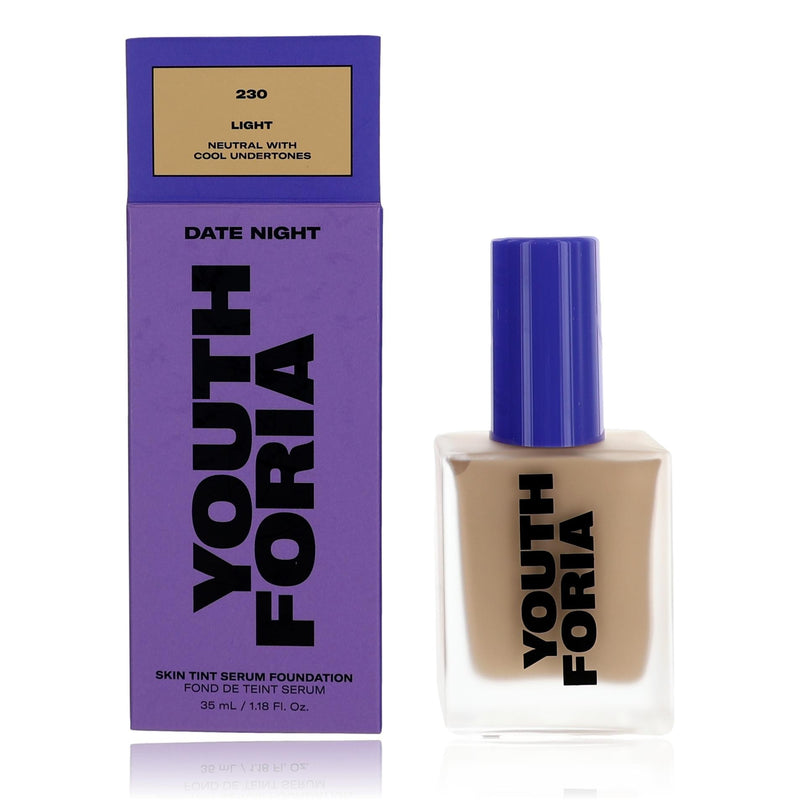 Youthforia Date Night skin tint serum foundation in shade 230 Light, physical product, 1.18 oz bottle with a smooth finish