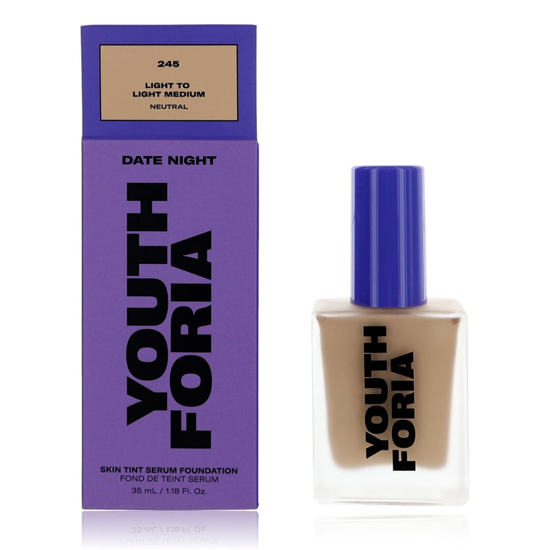 Youthforia Date Night skin tint serum foundation in 1.18 oz, light to light medium shade, physical makeup product with a sleek bottle.