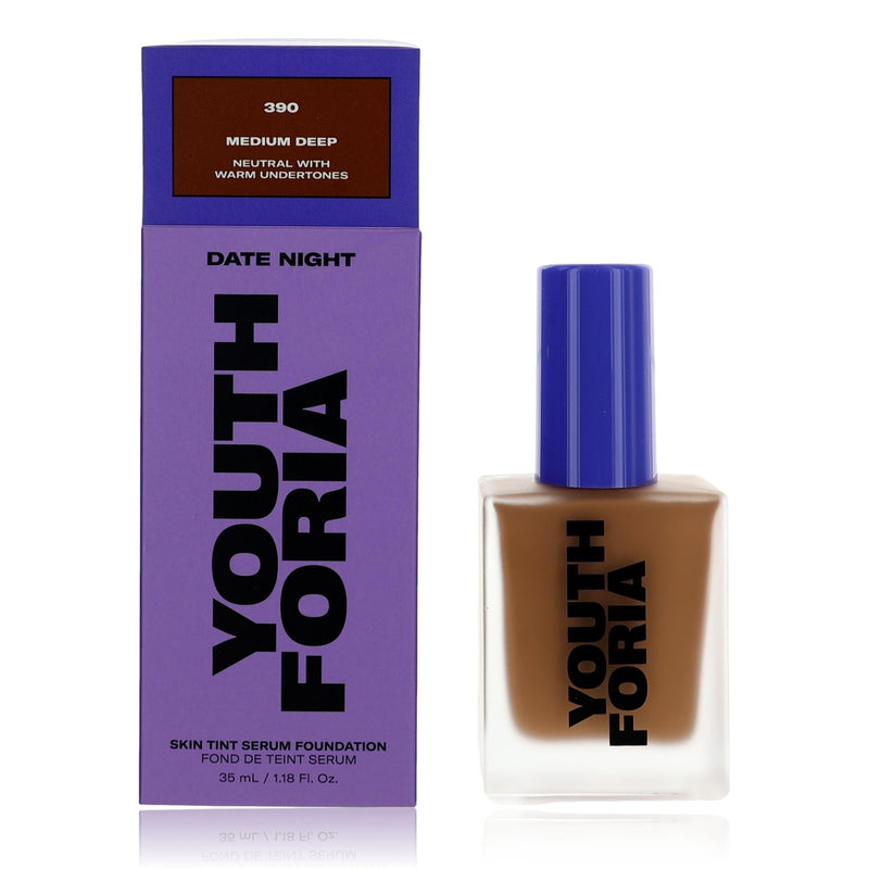 Youthforia Date Night Skin Tint Serum Foundation in 390 Medium Deep, physical foundation with smooth, natural finish.