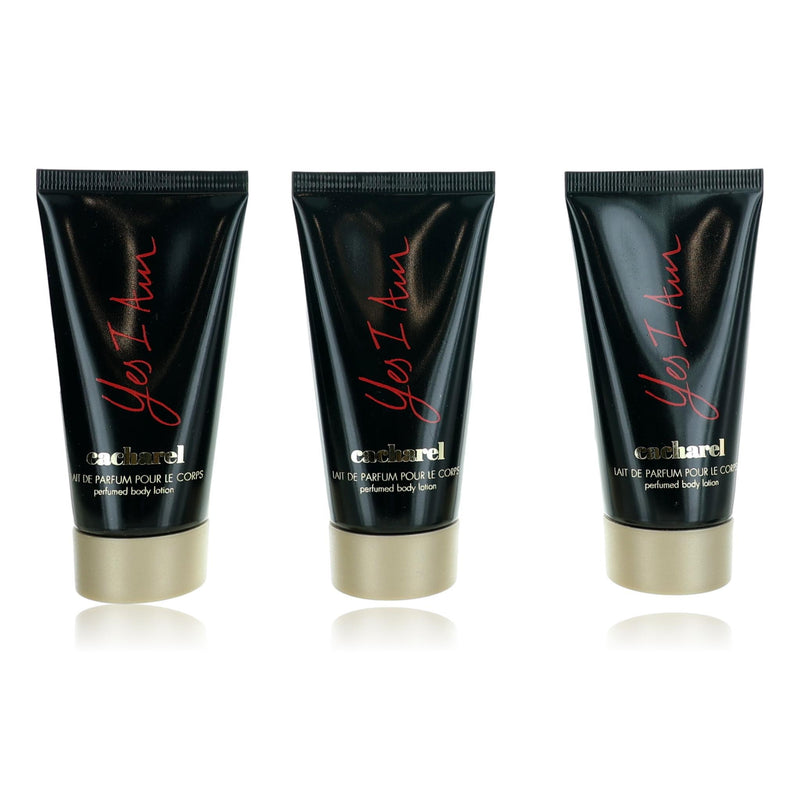 Three 1.7oz bottles of Cacharel Yes I Am body lotion for women, totaling 5.1oz, shown in a pack with sleek packaging.