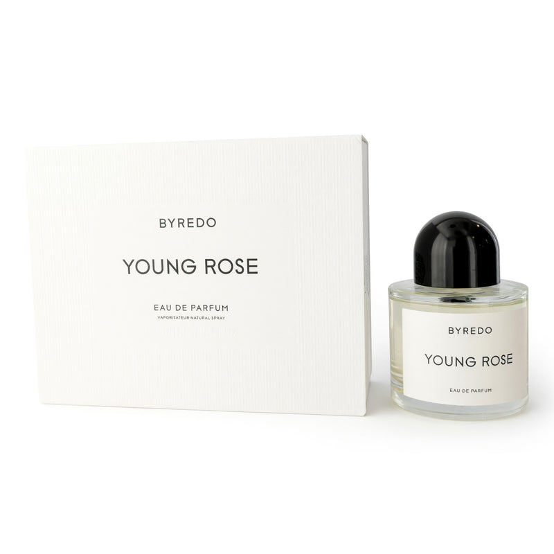 Byredo Young Rose 3.4 oz Eau de Parfum spray for women with a sleek, elegant bottle design.