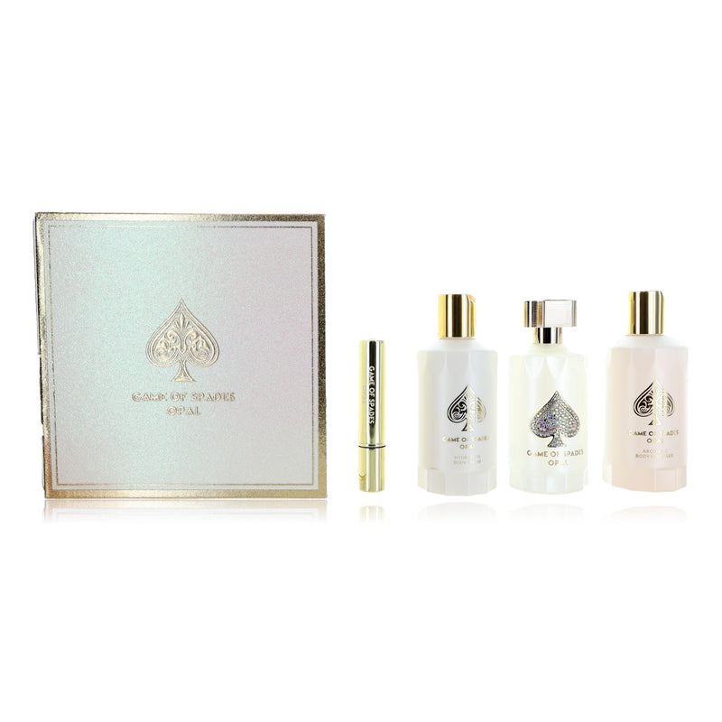 Jo Milano Game of Spades Opal 4-piece gift set featuring unisex playing cards with vibrant spade designs.