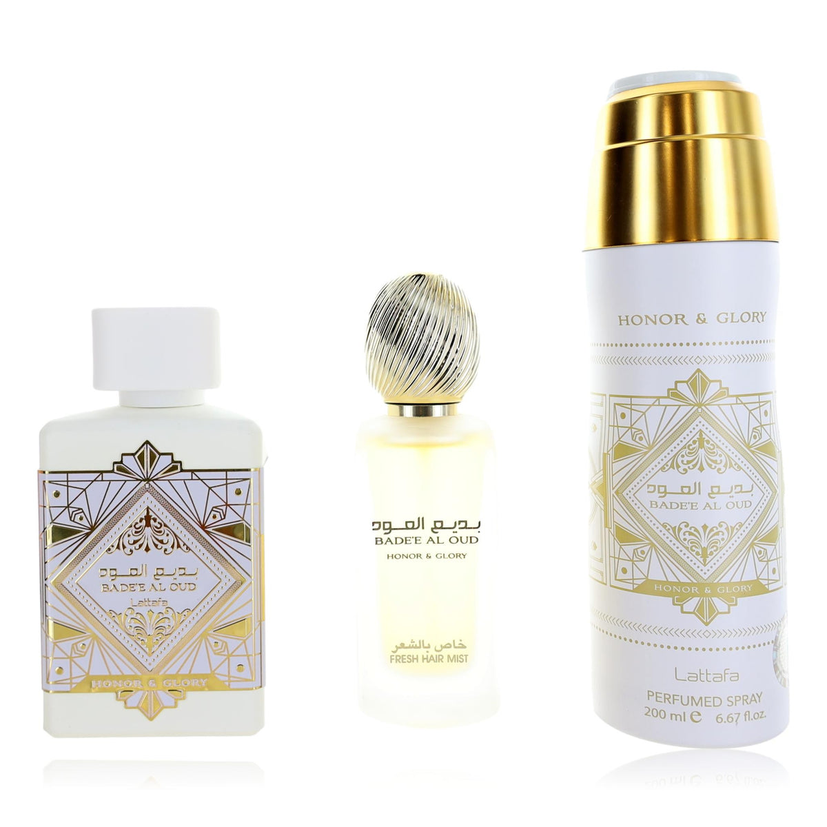 Bade'e Al Oud Honor & Glory Lattafa 3 Piece Gift Set Unisex - Pertinacia Perfume