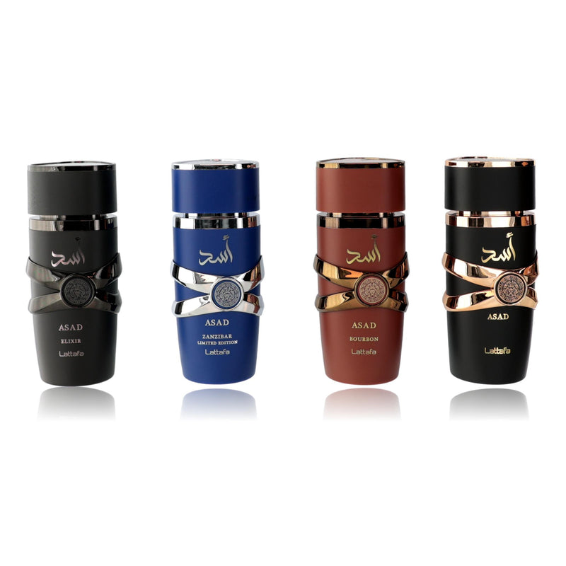 Asad Collection by Lattafa men's 4-piece gift set with bottles of perfume and fragrance sprays displayed on a neutral background.