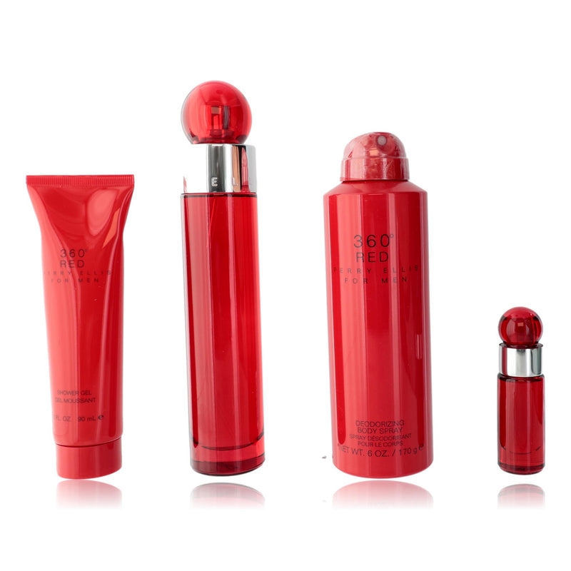 Perry Ellis 360 Red men's 4-piece gift set including fragrance bottles and grooming accessories on a plain background.