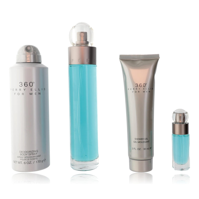 Perry Ellis 360 men's 4-piece gift set including cologne bottle, shower gel, aftershave, and body lotion, all with sleek packaging.