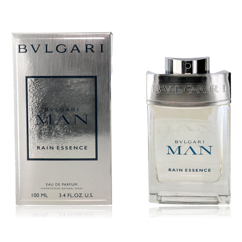 Bvlgari Man Rain Essence 3.4 oz men's Eau de Parfum spray bottle with sleek design and silver cap.