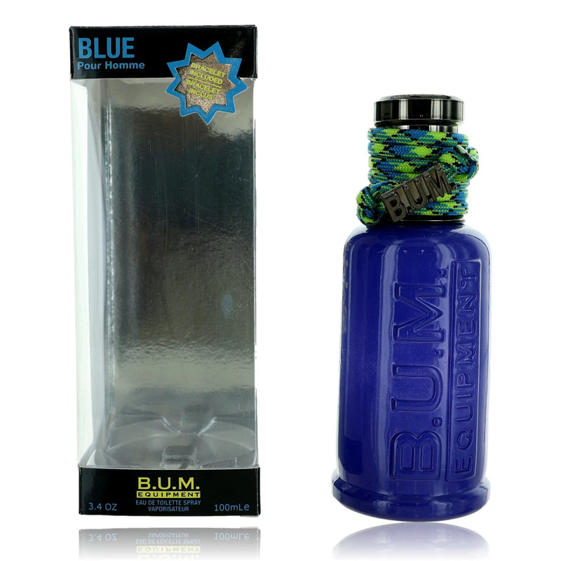 Blue by B.U.M. Equipment men's 3.4 oz EDT spray bottle, featuring sleek packaging and a modern design.
