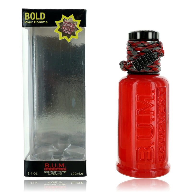 B.U.M. Equipment Bold men's 3.4 oz EDT spray bottle, sleek packaging and branding visible in the image.