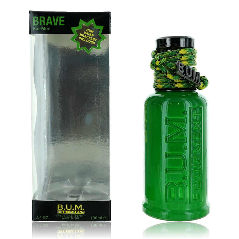Brave by B.U.M Equipment men's 3.4 oz EDT spray bottle with sleek packaging and label design.