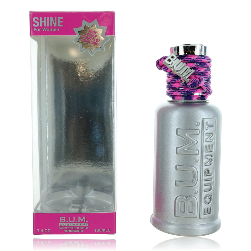 B.U.M Equipment Shine women's 3.4 oz EDT spray bottle with sleek design for fresh, floral fragrance.
