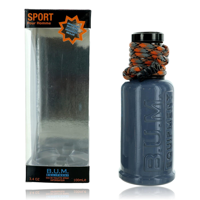 B.U.M. Equipment Sport men's 3.4 oz EDT spray bottle with sleek design and branding visible in the image.