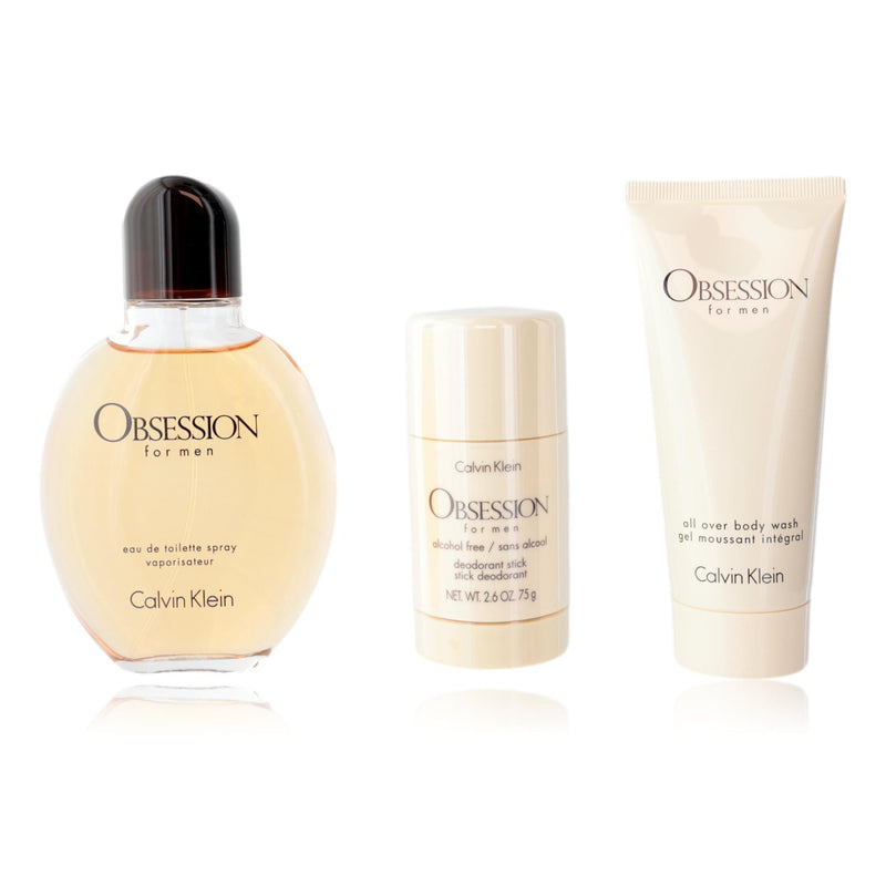 Calvin Klein Obsession 3-piece men's set includes fragrances and accessories, displayed with bottles and packaging.