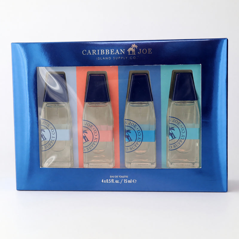 Caribbean Joe men's 4-piece clothing set, including shirt, shorts, and accessories, displayed in a casual outdoor setting.