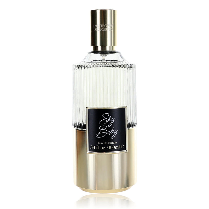 Unboxed Shy Baby by Indulgent Moments 3.4 oz women's EDP spray, featuring elegant bottle design and fragrance details.