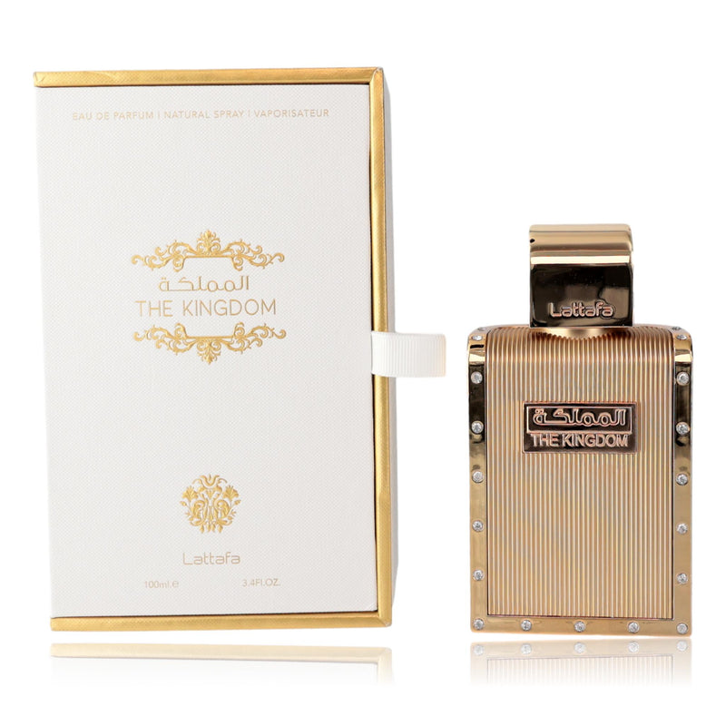 Lattafa The Kingdom men's 3.4 oz EDP spray, elegant bottle with a sleek design for a sophisticated fragrance.