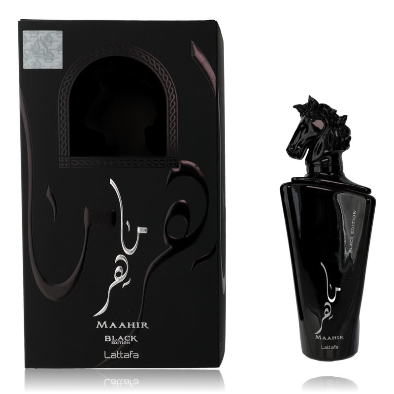 Lattafa Maahir Black Edition 3.4 oz unisex EDP spray bottle with sleek black design and elegant packaging.