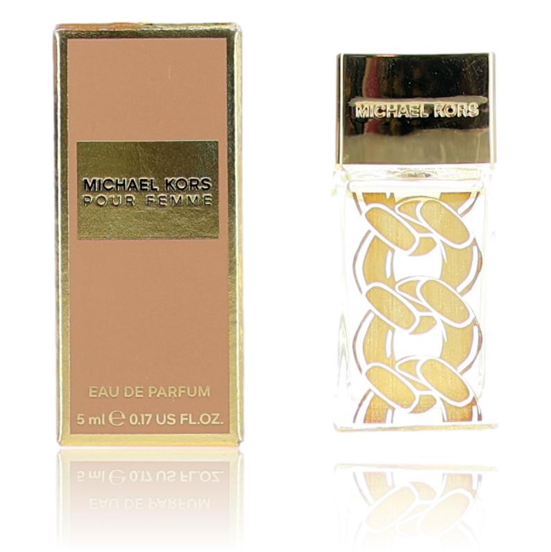 Michael Kors Pour Femme 0.17 oz EDP splash for women, featuring a sleek glass bottle with a silver cap and elegant branding.