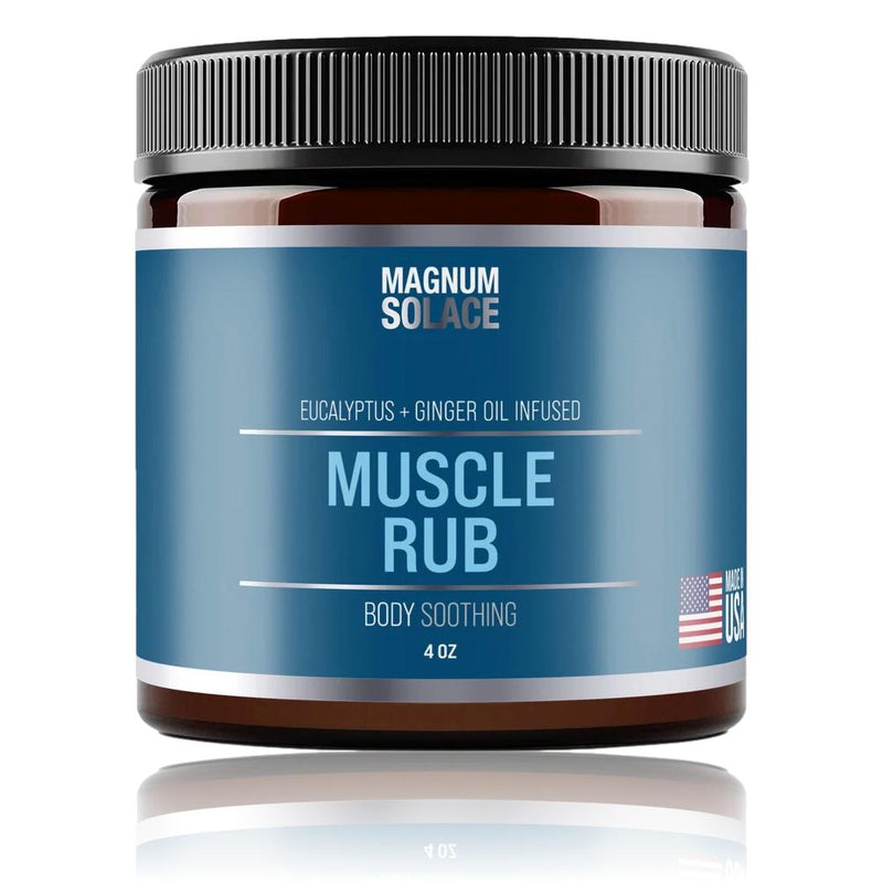 Magnum Solace Muscle Rub 4 oz cream for muscle relief and soreness, shown in a white tube with a blue label.