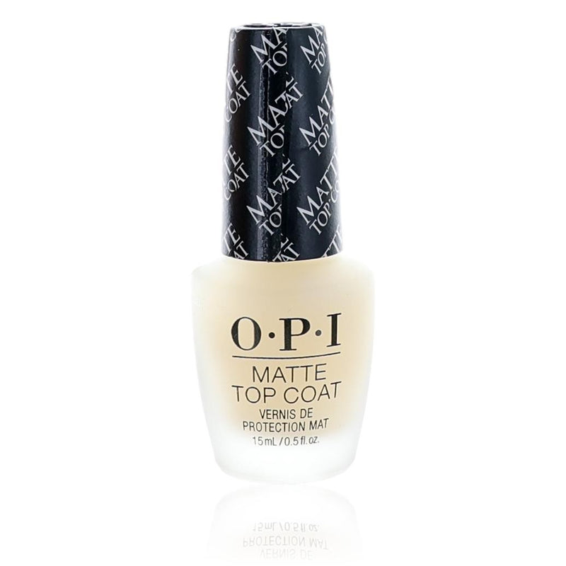 OPI Nail Lacquer 0.5 oz matte top coat bottle with black cap and clear label, displayed upright.