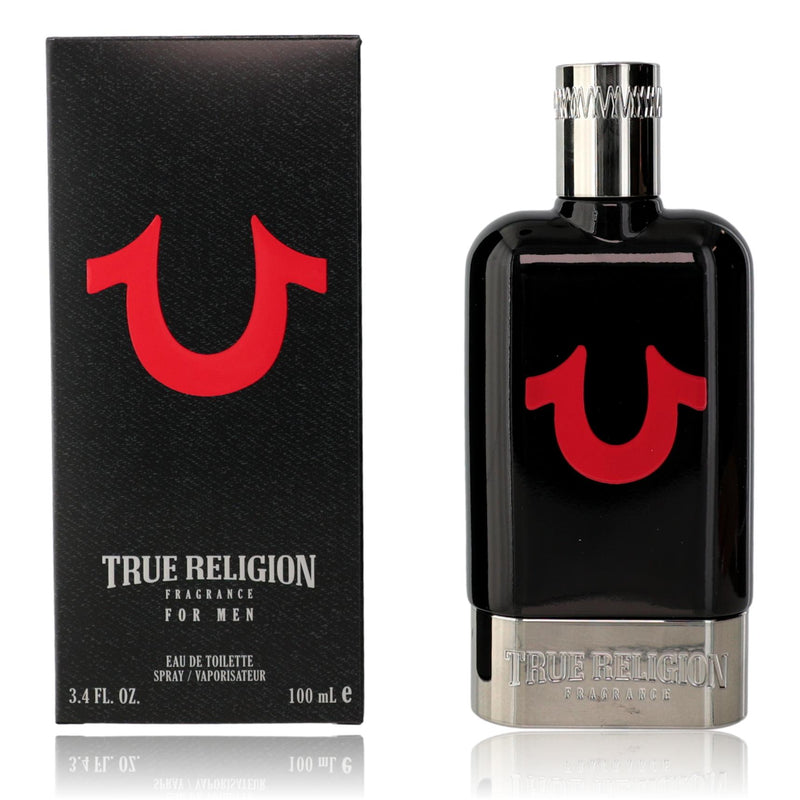 True Religion Black men's 3.4 oz EDT spray bottle, featuring sleek black packaging and the True Religion logo.