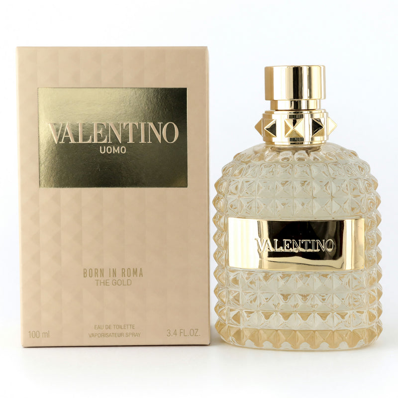 Valentino Uomo Born in Roma The Gold 3.4oz men's EDT spray bottle with gold accents and sleek packaging.