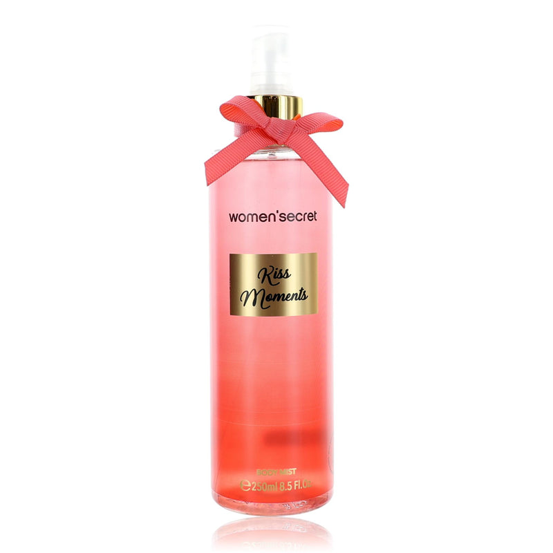 Women'Secret Kiss Moments body mist for women, 8.5 oz spray bottle with floral and fruity scent visible.