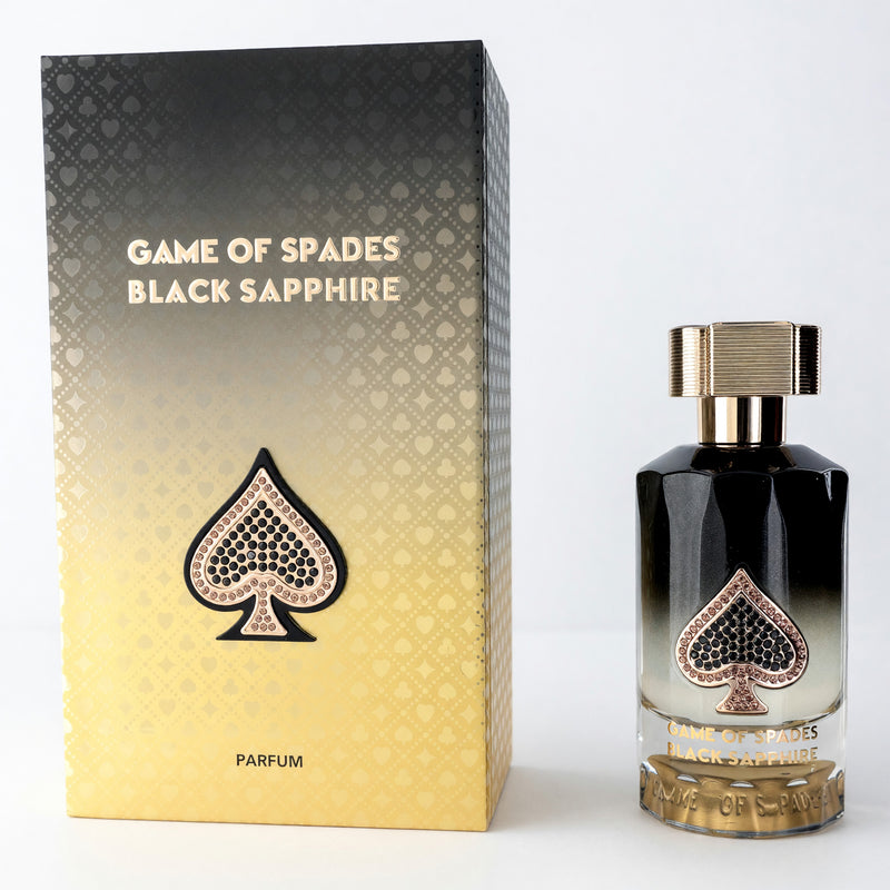 Jo Milano Game of Spades Black Sapphire 3oz unisex parfum spray bottle with sleek black design and elegant branding.
