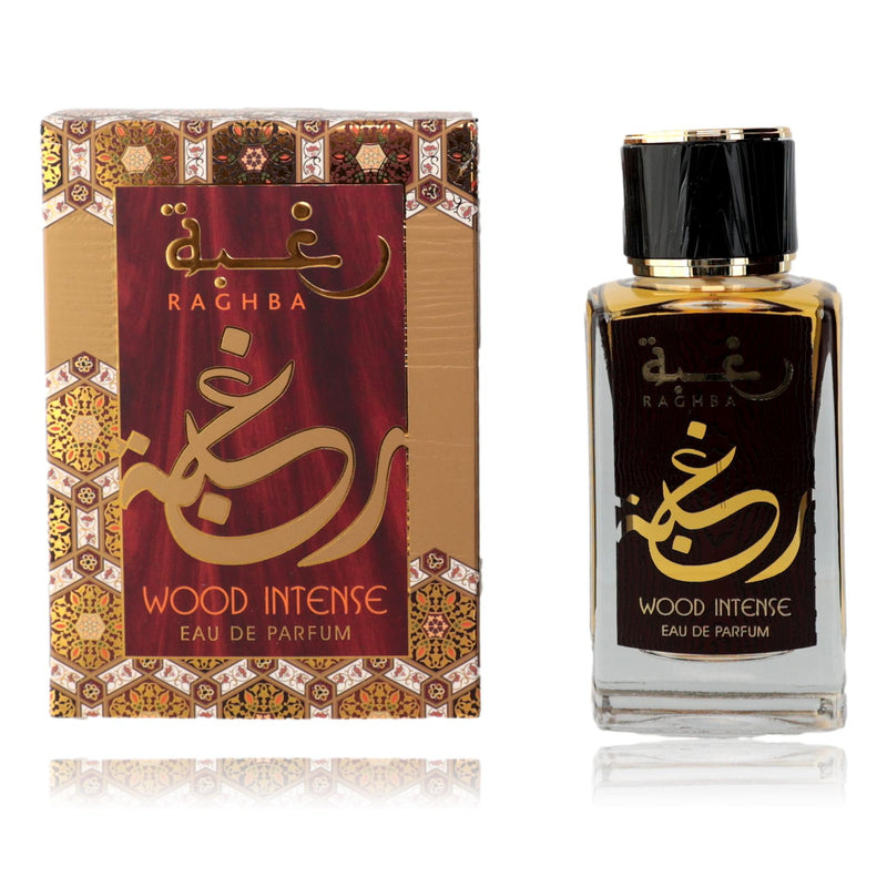 Lattafa Raghba Wood Intense 3.4 oz men's EDP spray bottle with dark wood and gold accents.