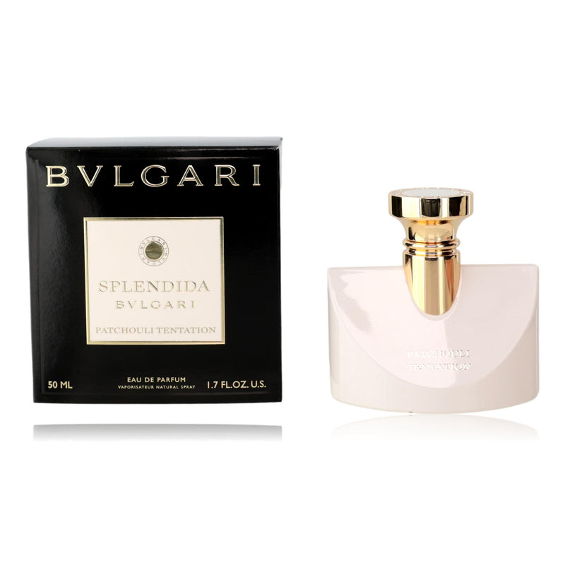 Bvlgari Splendida Patchouli Tentation women’s 1.7 oz EDP spray bottle with elegant packaging and perfume details.