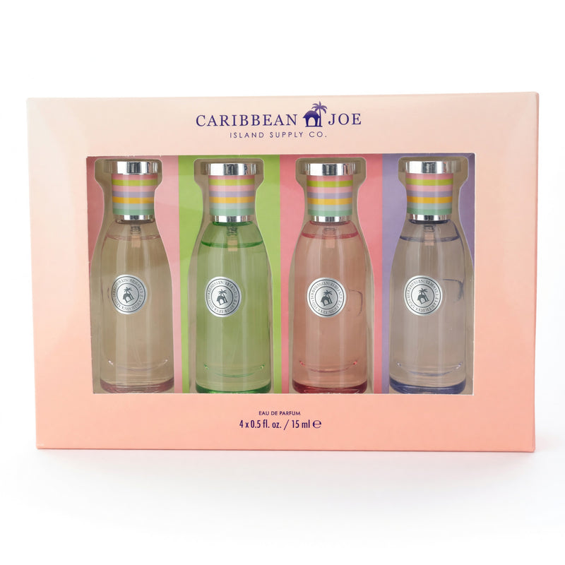 Black and white image of Caribbean Joe 4-piece gift set for women, including clothing and accessories, arranged on a neutral background.