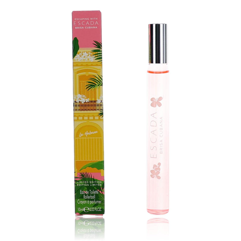 Escada Escaping with Escada Brisa Cubana women's 0.33oz EDT rollerball, featuring a sleek black cap and vibrant tropical-inspired packaging