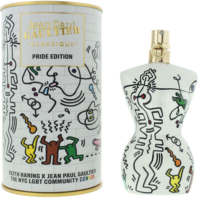 Jean Paul Gaultier Classique Pride Edition 3.4oz EDT spray for women, elegant perfume bottle with floral design and gold accents.