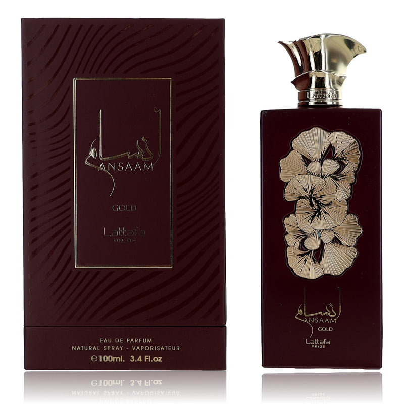 Lattafa Ansaam Gold women's 3.4 oz EDP spray bottle, elegant packaging with golden accents and floral design.