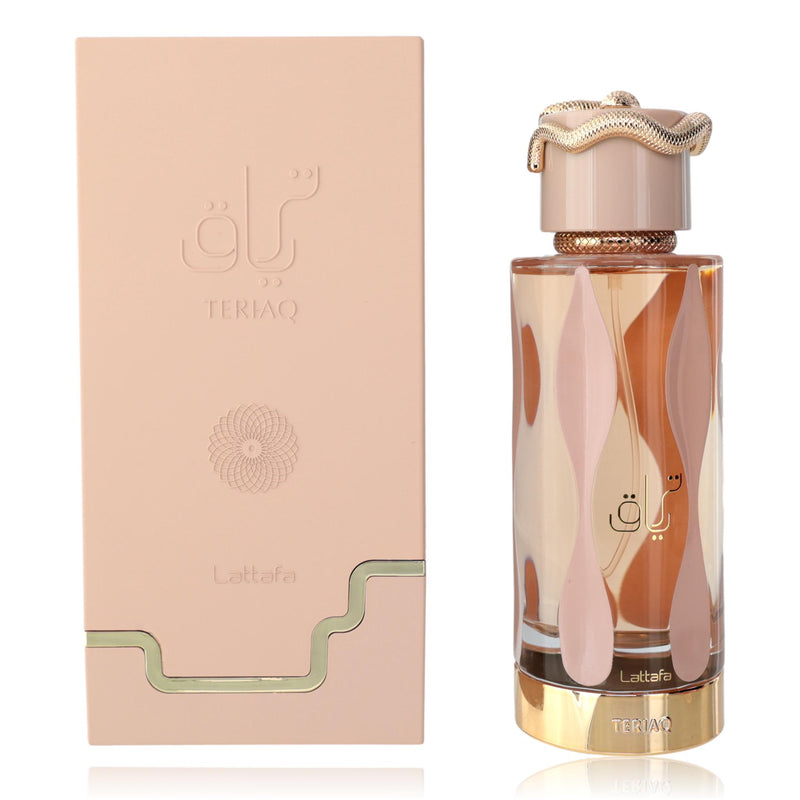 Lattafa Teriaq unisex 3.4 oz EDP spray bottle, sleek design, showcasing the fragrance for men and women.