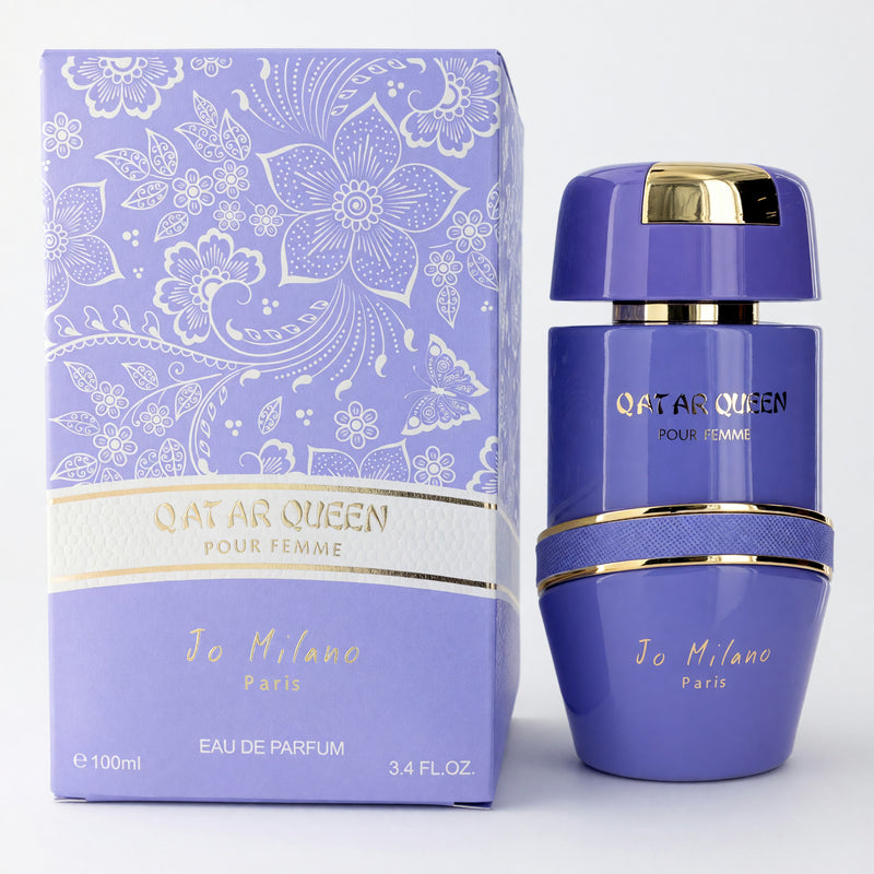 Jo Milano Qatar Queen 3.4 oz EDP for women, elegant perfume bottle with a sleek design and black accents.
