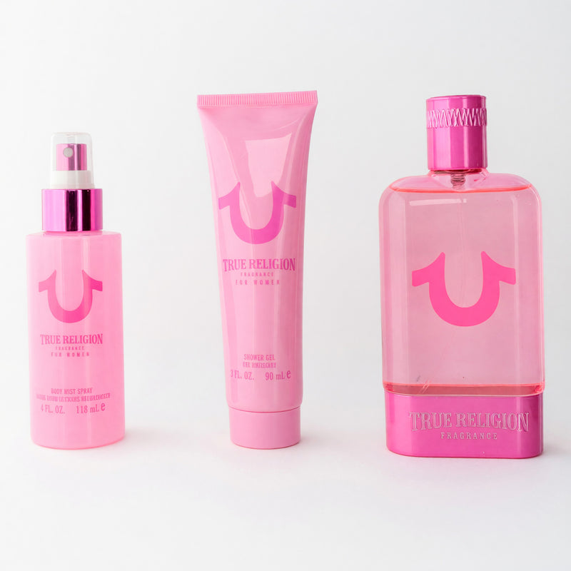 True Religion Pink women's 3-piece gift set includes clothing and accessories, featuring bold pink fabrics and stylish details.