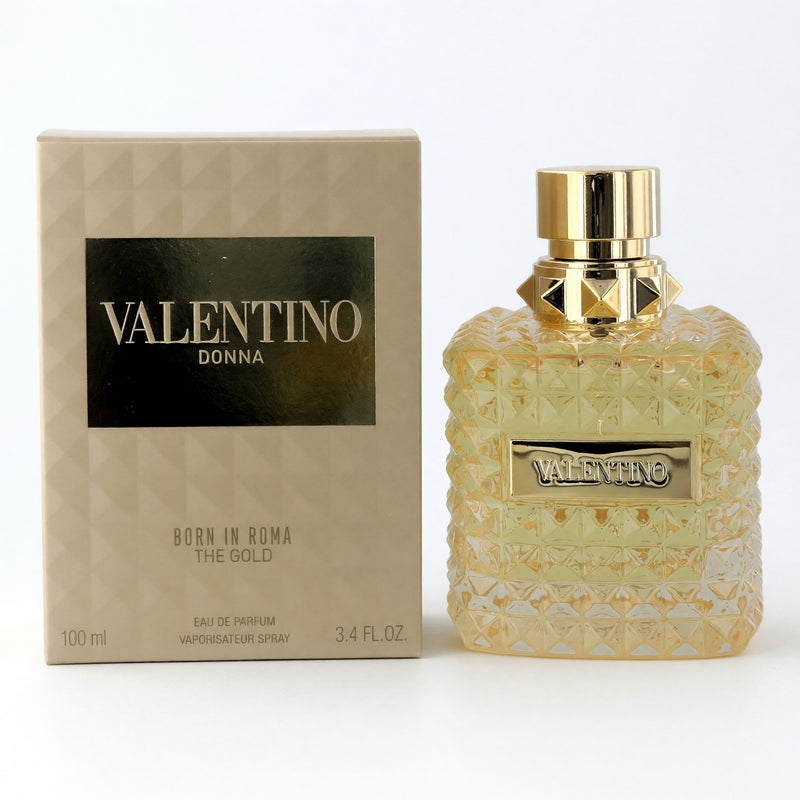 Valentino Donna Born in Roma The Gold 3.4oz EDP spray for women, elegant gold bottle with a sleek design.
