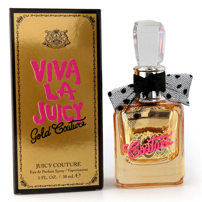 Juicy Couture Viva la Juicy Gold Couture 1 oz women’s perfume bottle on a white background.
