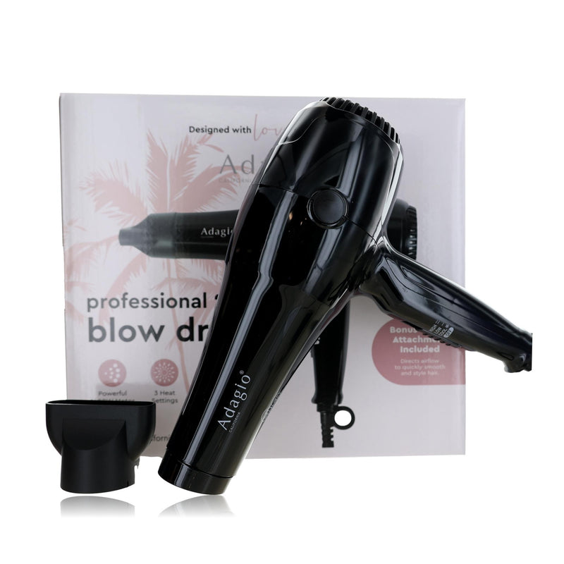 Adagio Professional 2500 black blow dryer with ergonomic handle and adjustable heat settings, designed for professional styling.