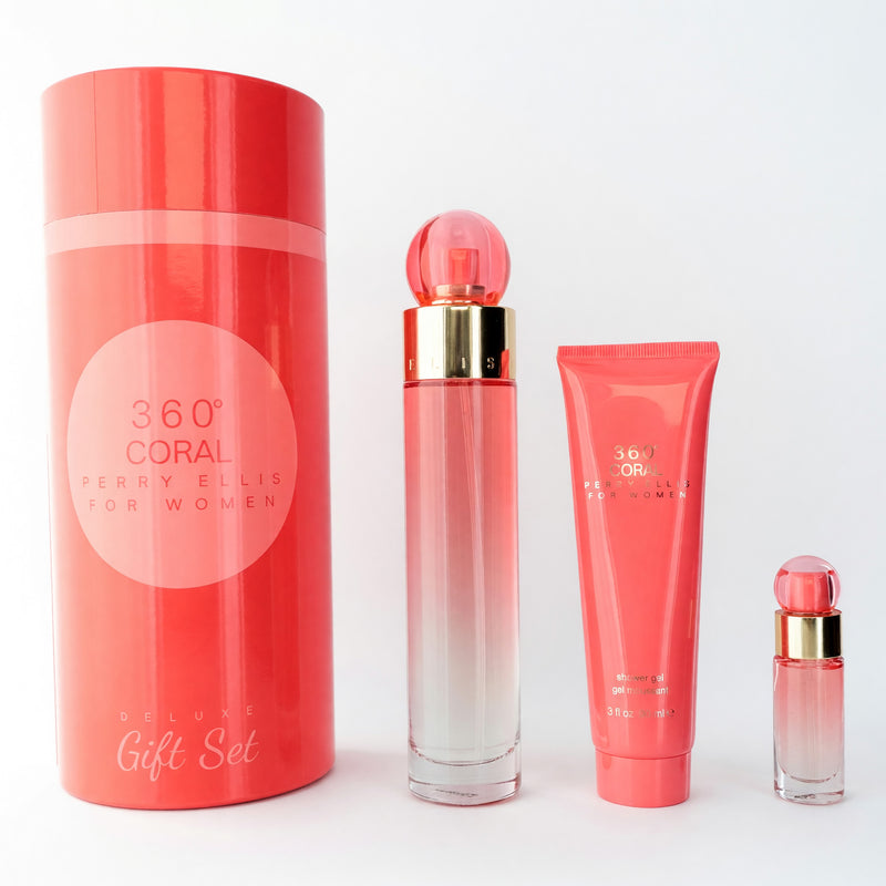 Perry Ellis 360 Coral 3-piece gift set for women, includes perfume bottle, body lotion, and shower gel in colorful packaging