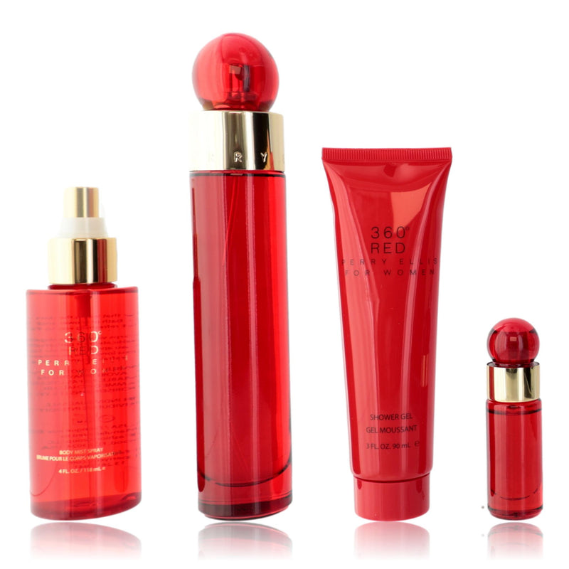 Perry Ellis 360 Red women’s 4-piece gift set including perfume, body lotion, shower gel, and deodorant in stylish packaging.