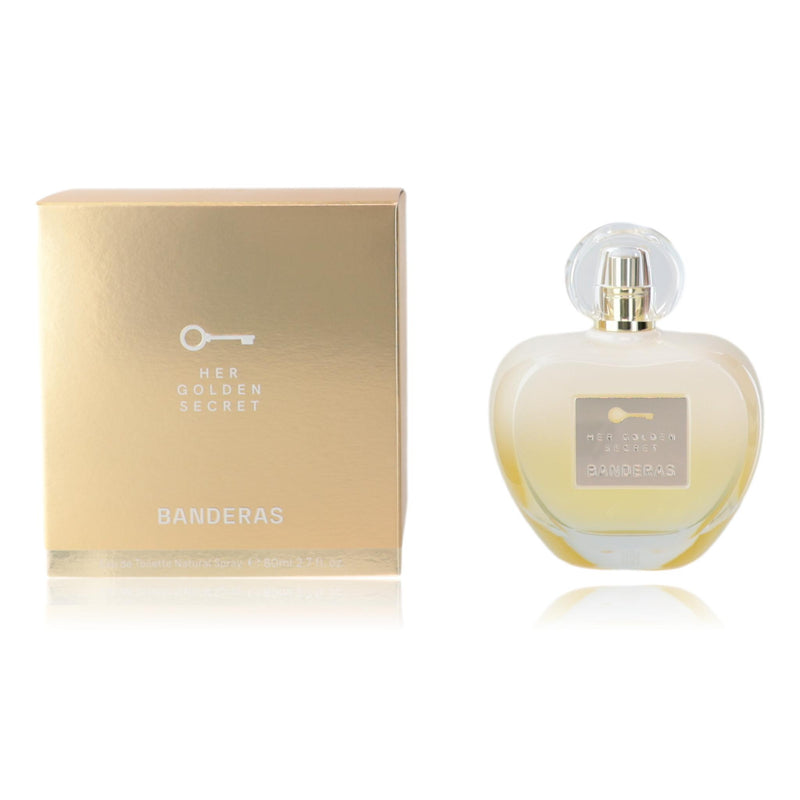 Antonio Banderas Her Golden Secret 2.7 oz women's EDT spray bottle with gold accents and elegant packaging.