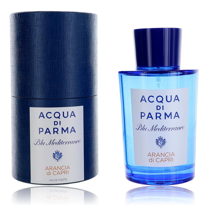 Acqua Di Parma Blu Mediterraneo Arancia Di Capri 6oz unisex EDT spray bottle with orange and blue packaging.