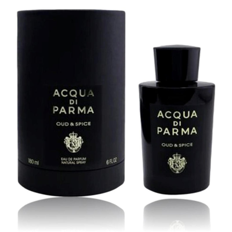 Acqua Di Parma Oud & Spice unisex perfume bottle, 6oz EDP spray, elegant design with gold accents and luxurious branding.