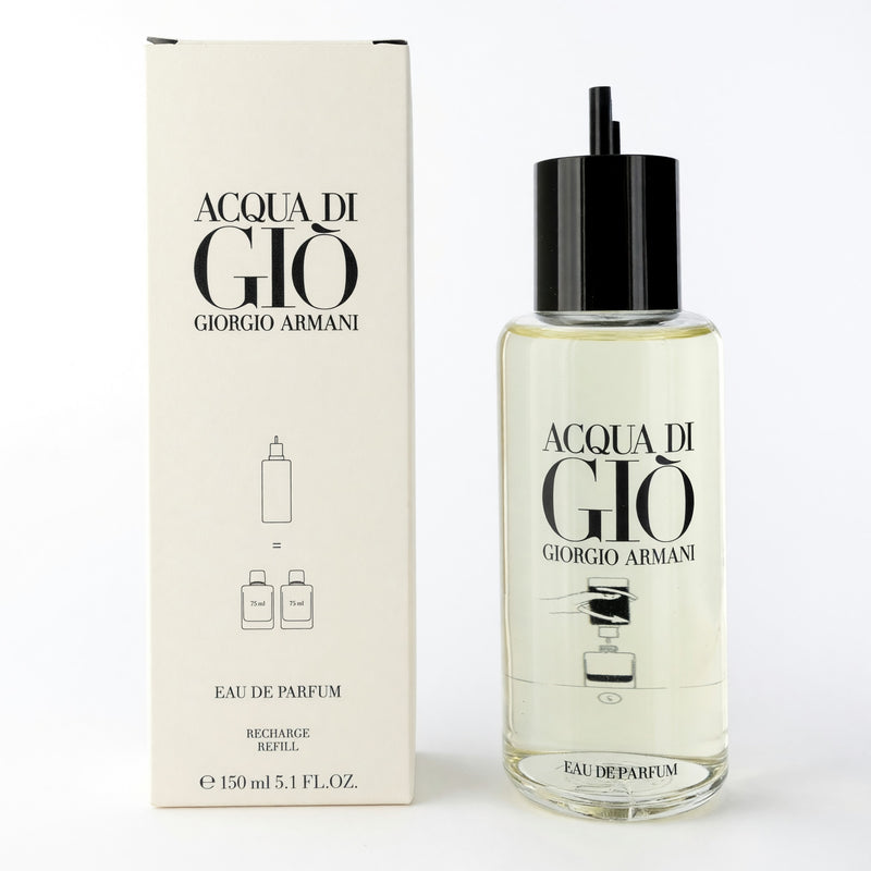 Giorgio Armani Acqua di Gio 5.1 oz men's EDP refill bottle, sleek design with clear glass and fragrance liquid inside.